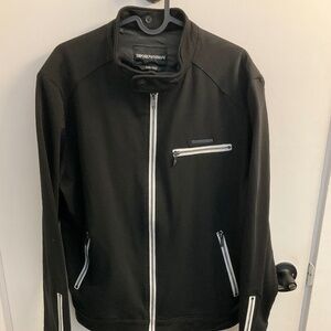 Emporio Armani black zip-up cotton sweater with white trim detail, made in Italy